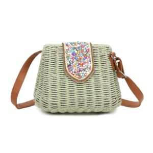 Straw Crossbody Bag with gems Green