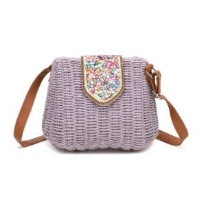 Lilac Straw Crossbody Bag with gems