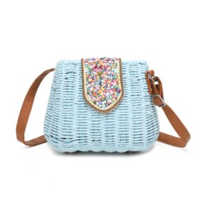 Blue Straw Crossbody Bag with gems
