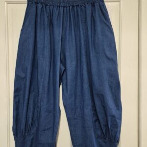NEW Ladies Womens Mid Denim Blue Jersey 3/4 Length cuff bottom Trousers One size fits sizes 16 18 20 22