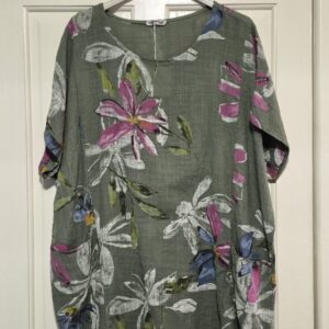 New Khaki Green Floral Pocket Cotton Top One Size fits sizes 18 20 22 24