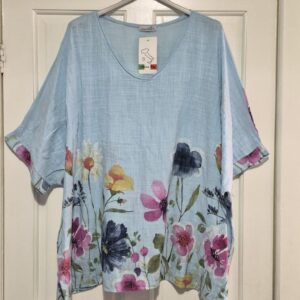 New Pale Blue Floral V Neck Plus Size Cotton Top One Size fits sizes 18 20 22 24