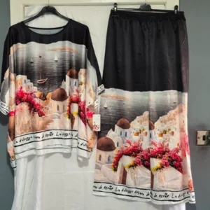 Silky Black Ladies Womens Trouser and Top Set Summer Holidays One Size fits sizes 14 16