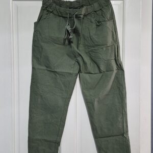 NEW Ladies Dark Khaki Stretchy Crinkle Magic Trousers One Size Fits 10 12 14 16