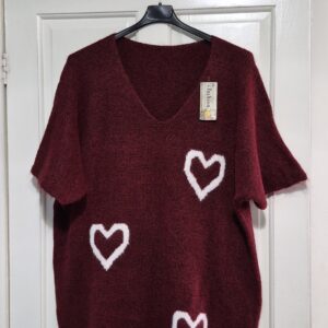 New Ladies Wine Heart Short Sleeved Jumper One Size fits sizes 18 20 22