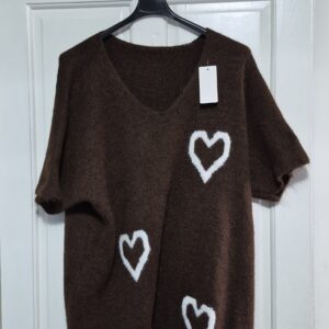 New Ladies Brown Heart Short Sleeved Jumper One Size fits sizes 18 20 22