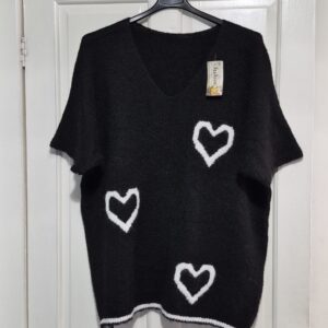 New Ladies Black Heart Short Sleeved Jumper One Size fits sizes 18 20 22