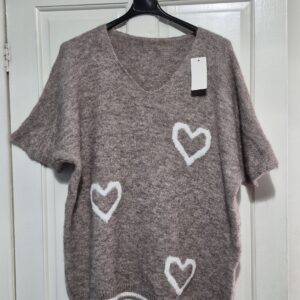 New Ladies Mocha Heart Short Sleeved Jumper One Size fits sizes 18 20 22