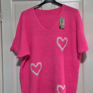 New Ladies Cerise Heart Short Sleeved Jumper One Size fits sizes 18 20 22