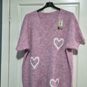 New Ladies Pale Pink Heart Short Sleeved Jumper One Size fits sizes 18 20 22